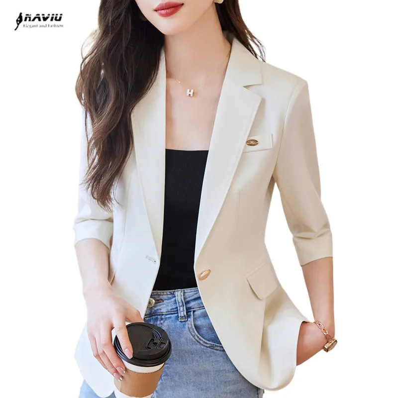 NAVIU Spring Summer Beige Office Lady Blazers Blue Single Button Women Elegant Colthing Half Sleeve Casual Black Suits Coat 2024