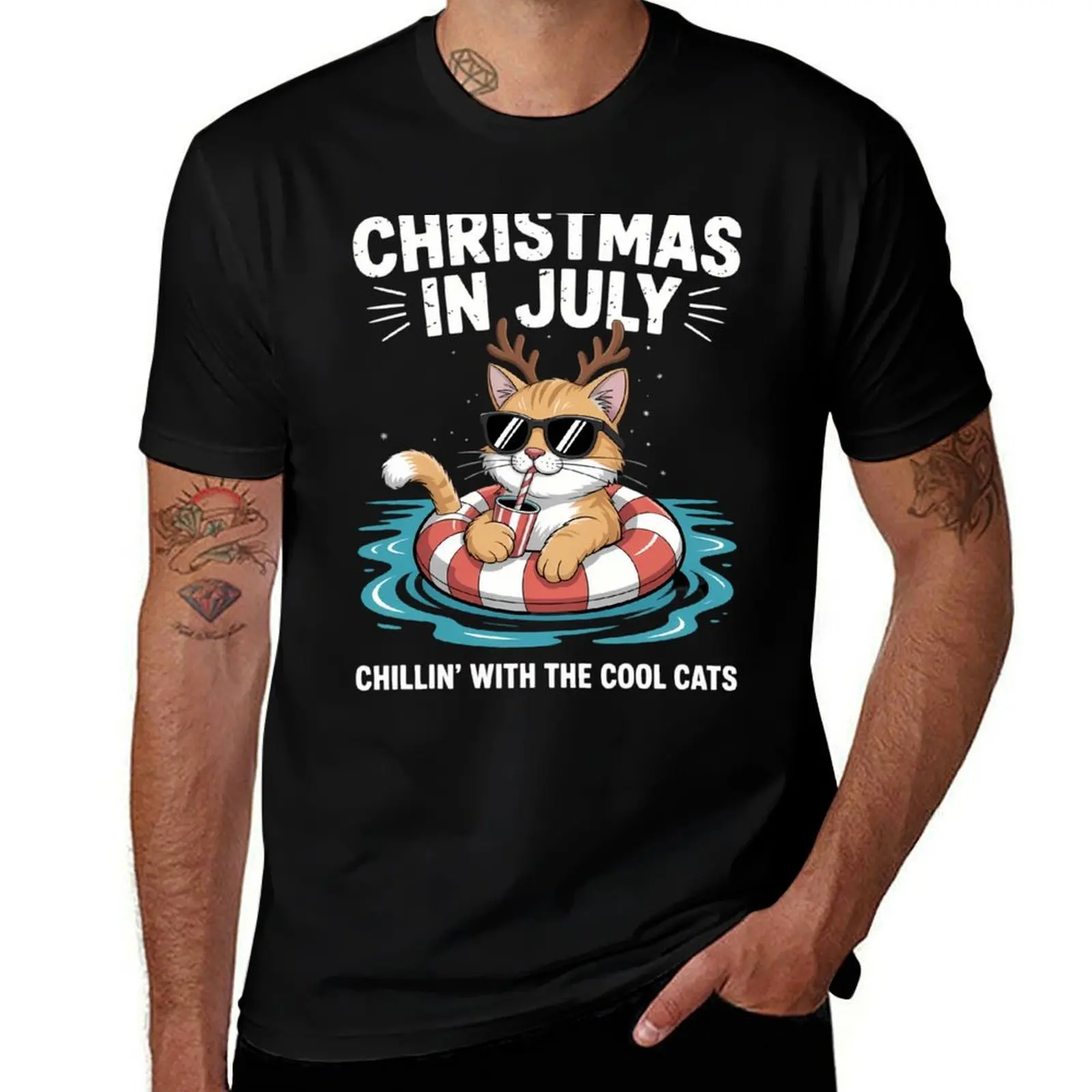 

Christmas In July Chillin Cool Cats Funny Meowy Xmas Summer T-Shirt Personalized t-shirt shirts graphic tees Men's t-shirts