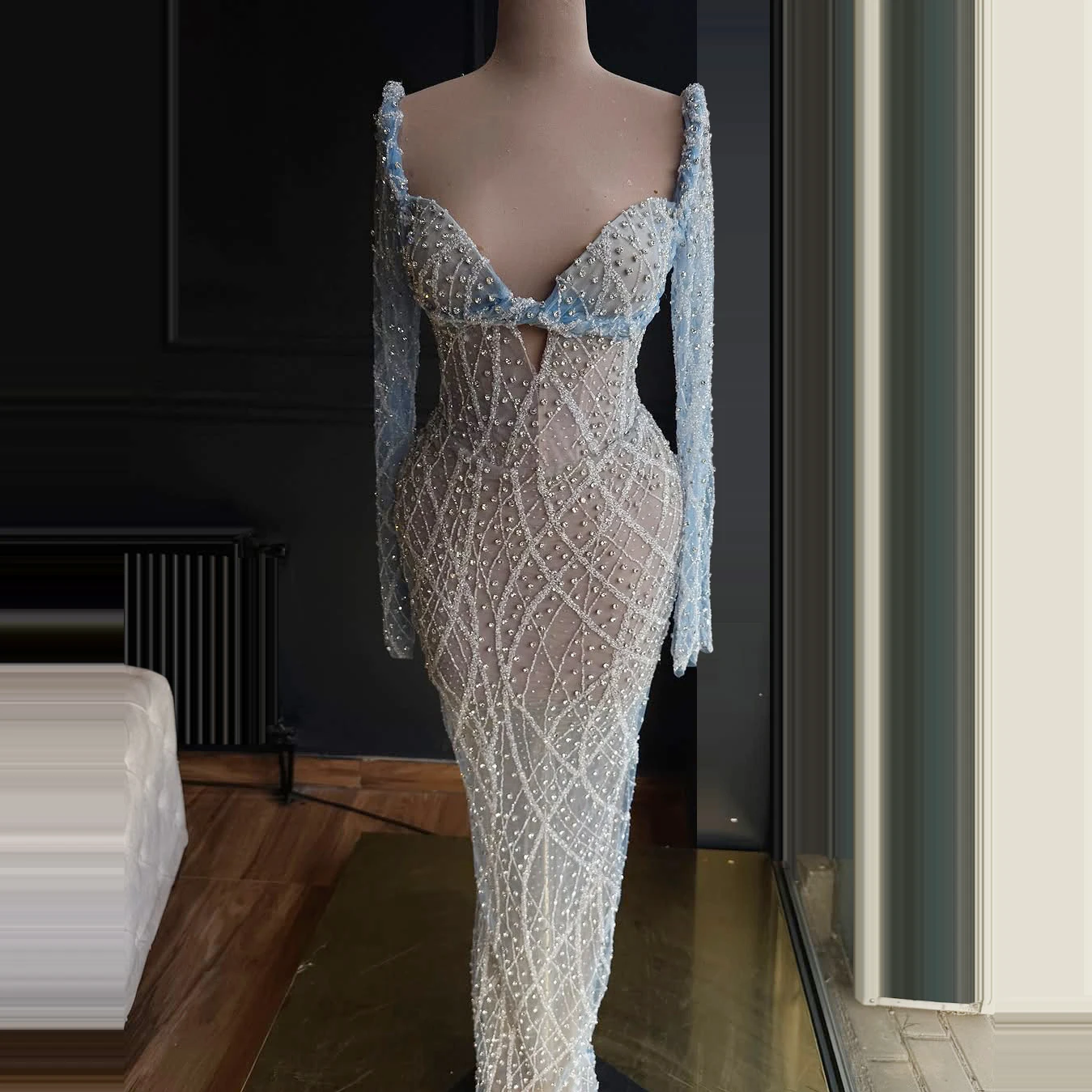 Wedding Party Dress Sexy Elegant Mermaid Evening Gown Small Crystals V-Neck Long Sleeves Light Blue Evening Homecoming Dress