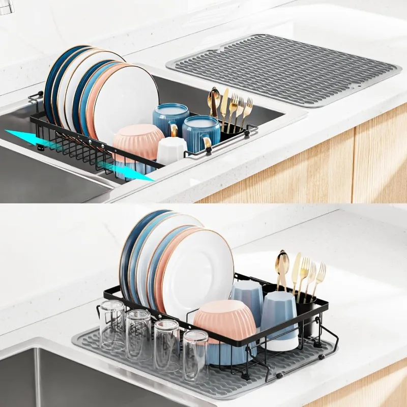 

Sink Dish Drying Rack - 3 Sizes Capacity Adjustable Dish Rack with Mat(13.5",15.3",17") - Over Sink Drying Rack