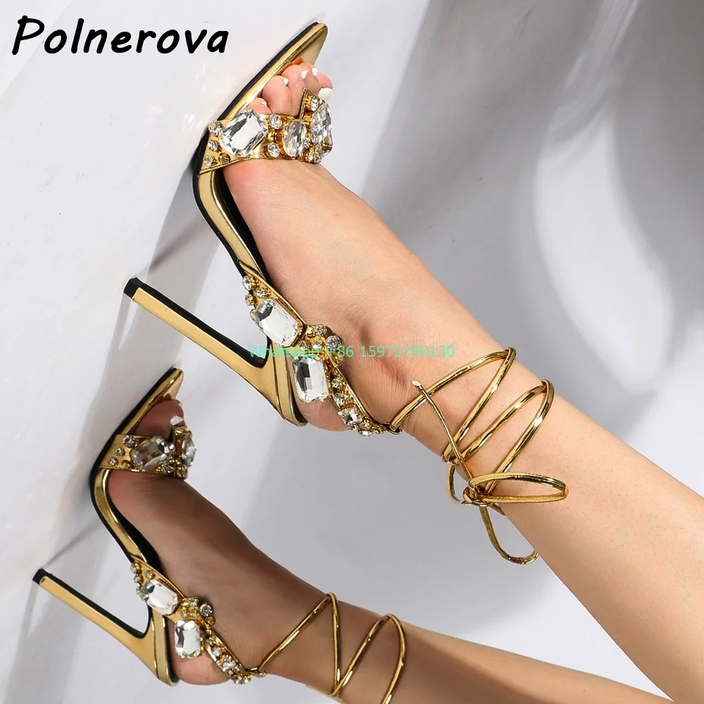 Gemstone Solid Cross Band Sandals Pointy Toe Lace Up Thin Heels Stiletto Shoes Luxury Gold Straight Strap Runway Fashion Shoes