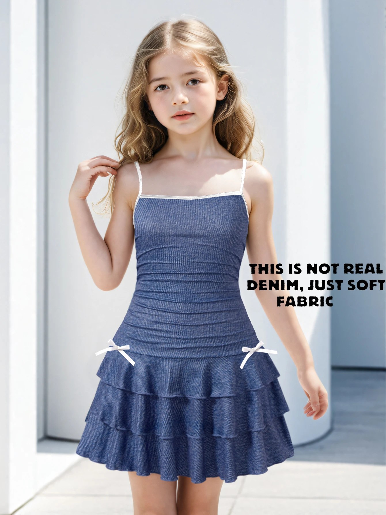 Mädchen-Sommerkleid mit Denim-Print, Spaghettiträgern, gerafftem, gestuftem Rüschensaum und Schleifendetail, lässiges Sommerkleid für Kinder (Denim-Imitat)