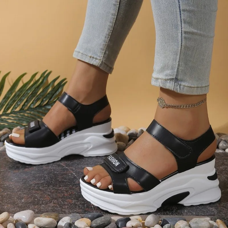 Damen Plateau-Sandalen mit Offener Spitze und Keilabsatz, Hochhackige Sommer-Chunky-Heel-Schuhe, Modische Freizeitschuhe in Übergrößen