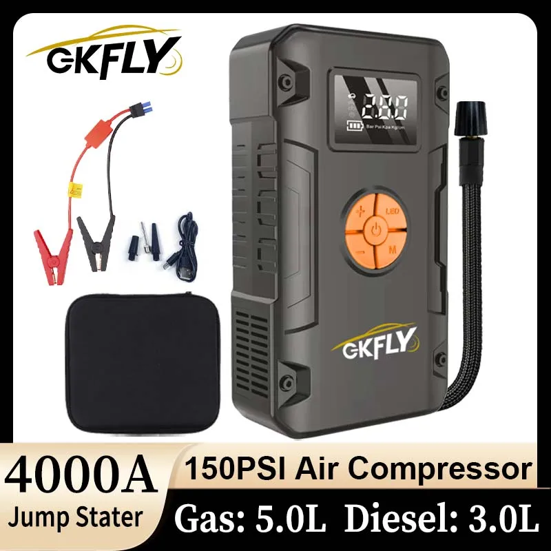 GKFLY 2000A 4000A bomba de aire de arranque de coche 4 en 1 compresor de aire banco de energía arranque de batería de coche inflador de neumáticos automático