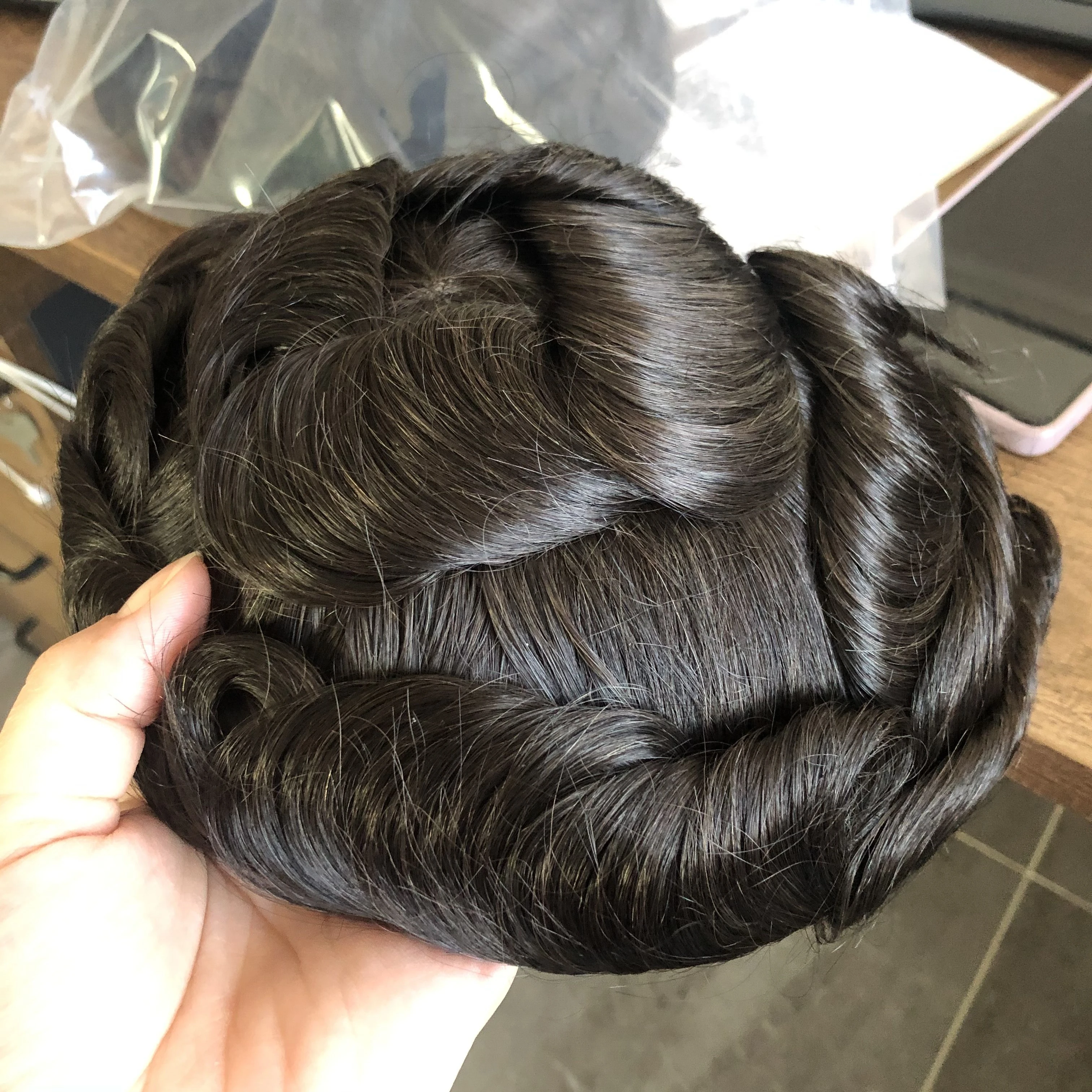 شعري طبيعي للرجال شعر مستعار بني داكن رمادي أسود غير قابل للاكتشاف بولي الجلد قاعدة رجل 100% خصلات الشعر المستعار الإنسان استبدال طويلة الأمد