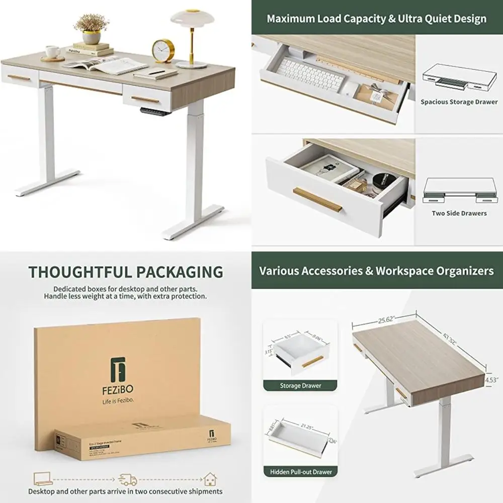 

Современный электрический стол середины века с 3 ящиками, регулируемый стол для домашнего офиса 48 x 26 дюймов, белый верх