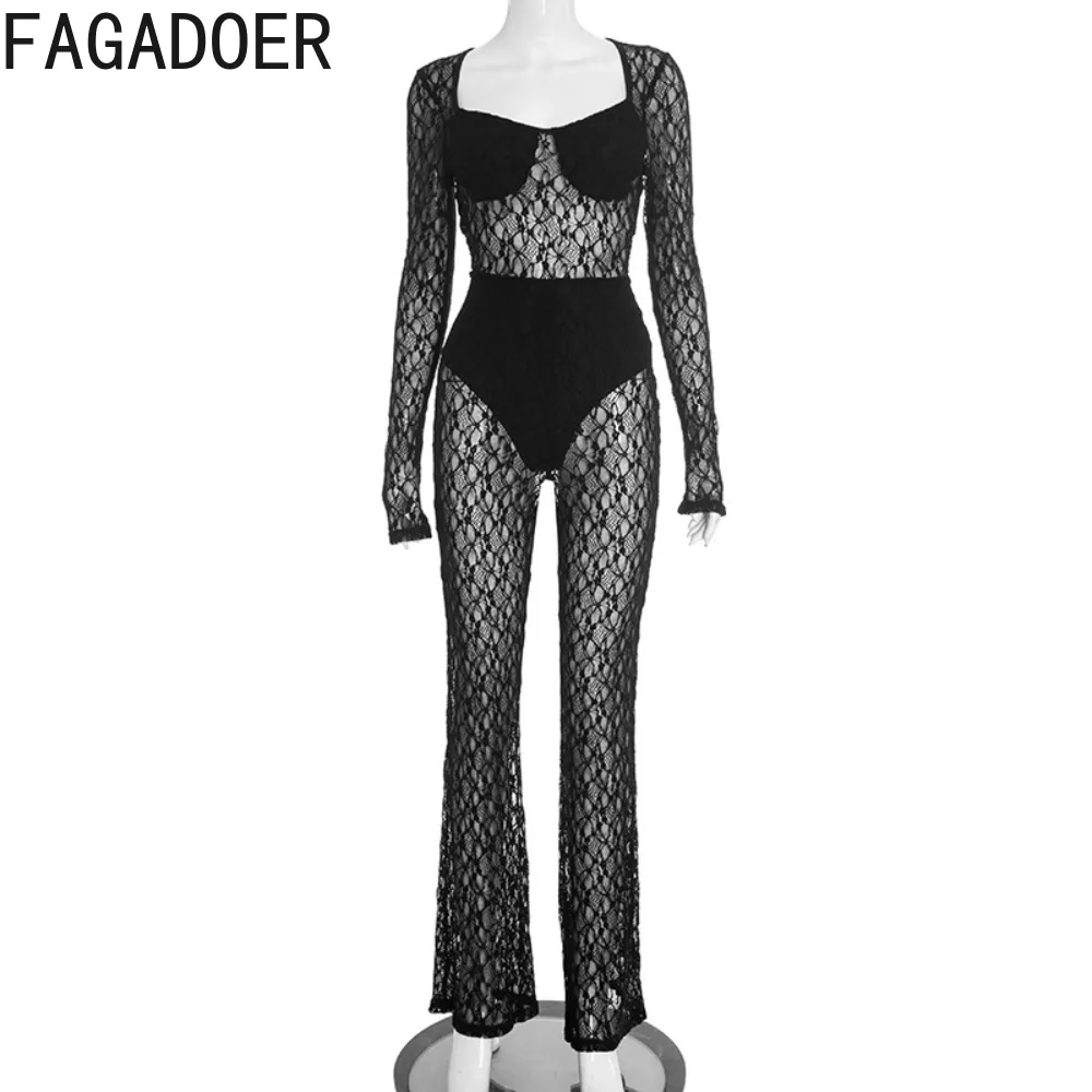 بدلة قفز مثيرة شبكية شفافة من FAGADOER للنساء بلون سادة وأكمام طويلة ملابس خروج نسائية جديدة 2025