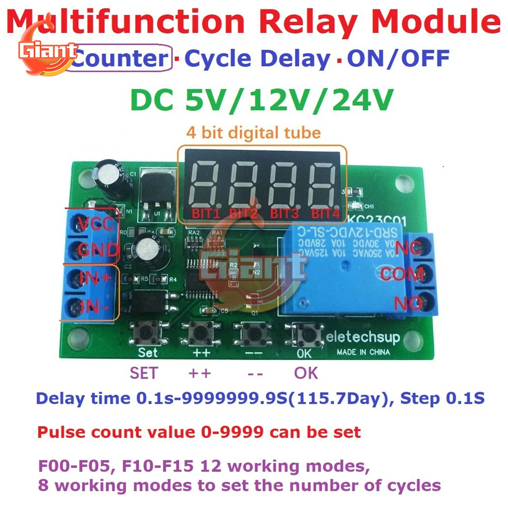 Delay Relay Board 1-Channel Multi-function Pulse Counter Switch Adjustable Timer Delay On/Off Relay Module DC 5V 12V 24V