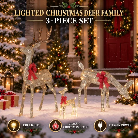 3-Piece Pre-Lit Reindeer Family Christmas Decoration Set, Large Durable Metal Frame with 130 Sparkding LED Lights, Holiday Season Decorations for Christmas Winter Parties, Lawn Garden Patio and Yard Festive Displays, Lighted Holiday Displays
