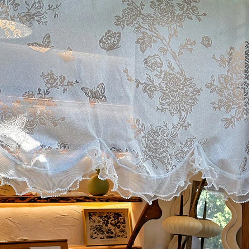 French White Romantic Butterfly Flower Lace Wavy Half Curtain with Beaded Ruffle Design Small Curtain for Kitchen Window, Study