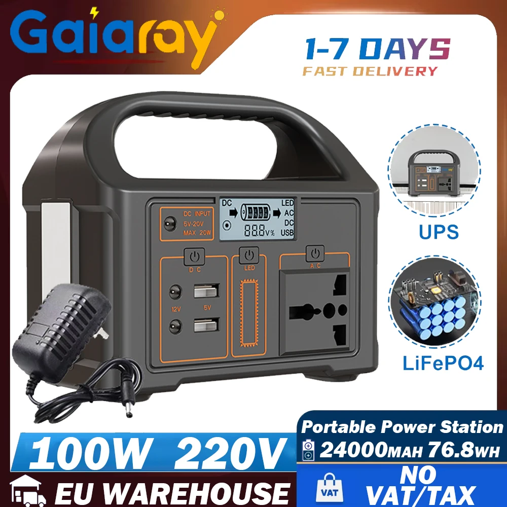 Gaiaray – centrale électrique Portable 100W 24000mAh LiFePO4, charge, générateur solaire, AC 220V, batterie externe pour le Camping