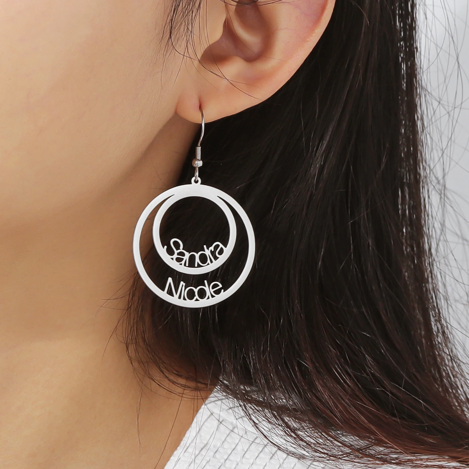 

Qitian Personalized Customized Hip Hop Name Earrings Double Name Stainless Steel Round Earrings Nameplate Hoop Earring For Women