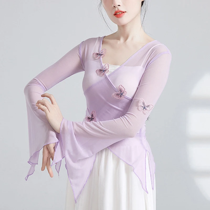 Nuevo traje de danza clásica de mariposa, Tops de cuerpo de gasa de red, ropa de actuación de danza folclórica elegante para examen de danza china, Tops de malla para el cuerpo