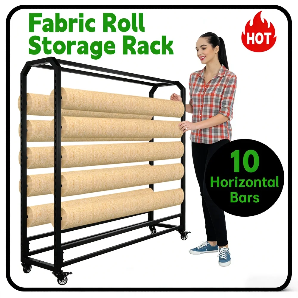 Organizador de Rollos de Tela Móvil con Ruedas, Acero Laminado en Frío, Barras Colgantes Ajustables para Cortinas, Papel Tapiz, Manteles