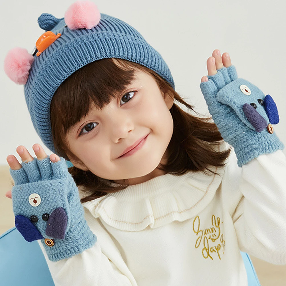 

Warm Gloves Thicken Woolen Yarn Windproof Half Size Kids Protector Winter Fleece Gloves Soft Knit Lightweight