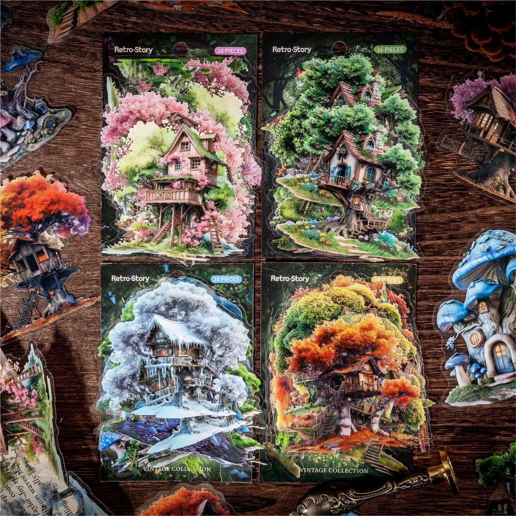 16 Pcs/Pack Tree‑House Series PET Sticker Pack,Dreamy Tree House Aesthetic Stickers, DIY Decor Supplies for Journal Scrapbooking