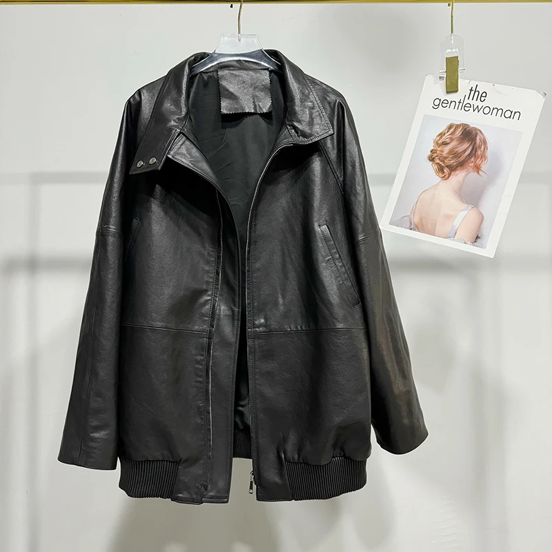 Genuine Leather 100% Woman Plant Tanned Sheepskin Coat Motorcycle Casual Style Mid-Length Loose Black Jacket Lederjacken Frauen