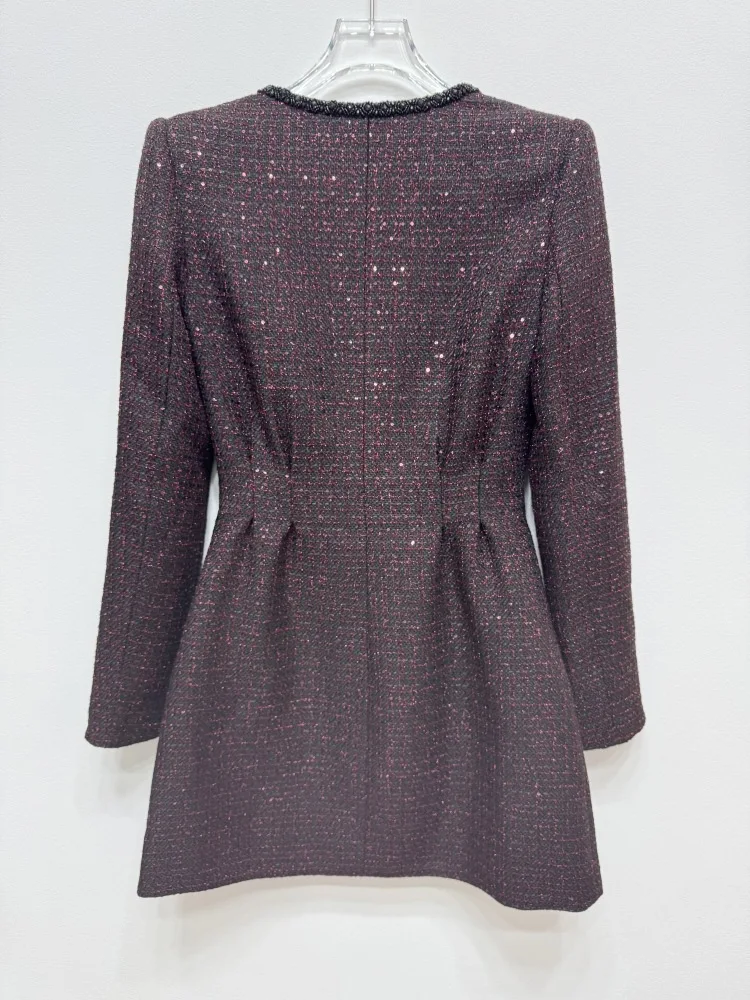 Luxury Designer 2025 Spring Long Full Sleeve Crystal Short Tweed Dress For Women\'s Beading Pearls Mini Party Vestidos Lady