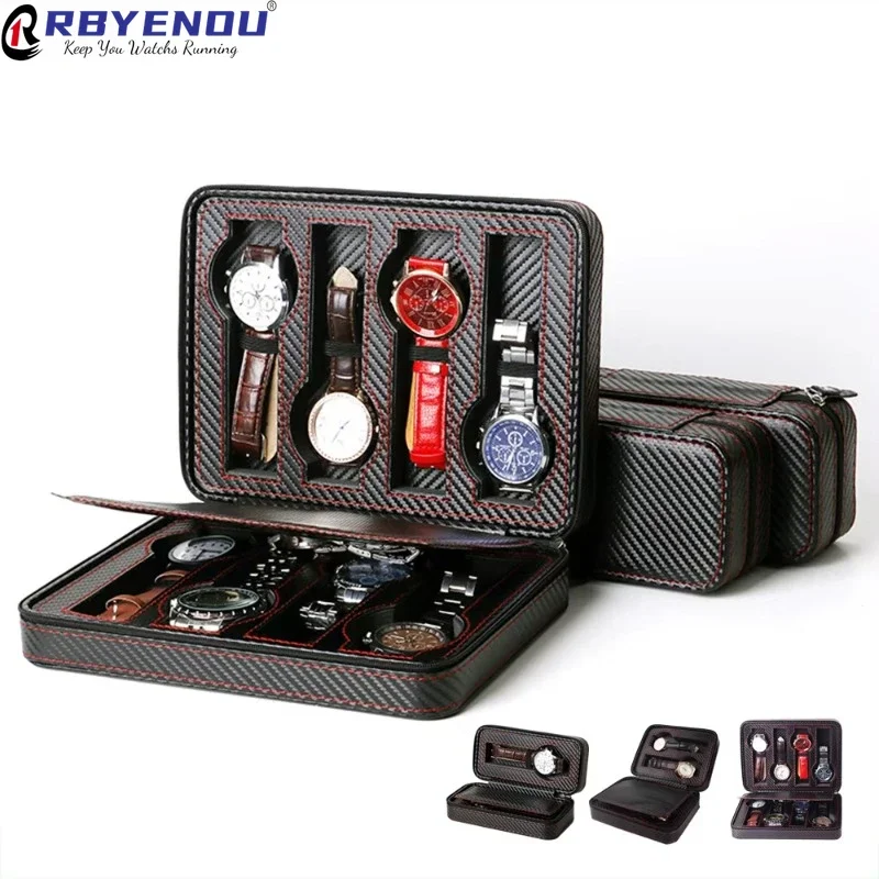 RBYENOU 2/4/8 Slots Portable Watch Organizer Box PU Leather Zipper Watches Case Display WristWatch Storage Box Customizable Logo