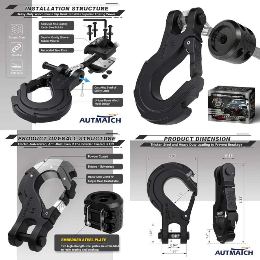 

Winch Hook 3/8" - Clevis Slip Hook with Safety Latch & Winch Cable Hook Stopper, Grade 70 Forged Steel Max 18Ton (39,600Lbs) Work for Winch Rope, ATV, UTV, Off Road Vehicle, Frosted Black