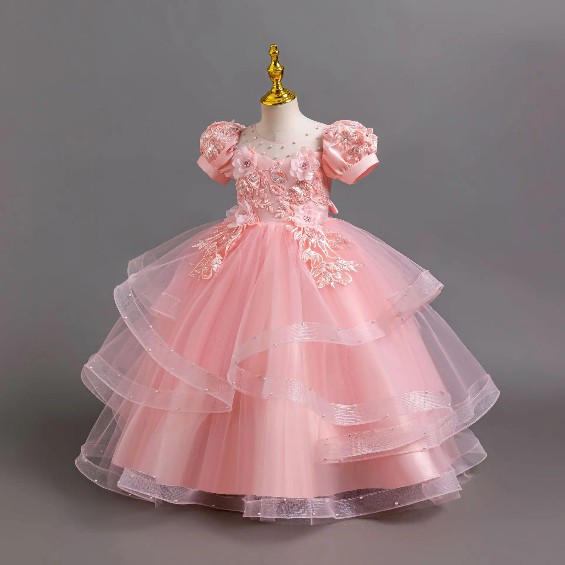 New Girl Kids Stereo floral tulle Lace Birthday Party Dinner Dress Girl puffy Sleeve New Christmas Party Princess dress image 2