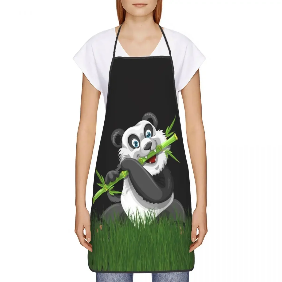 Cute Cartoon Panda Eating Bamboo Aprons for Men Women Animal Adult Kitchen Chef Bib Tablier Cuisine Cooking Baking Gardening