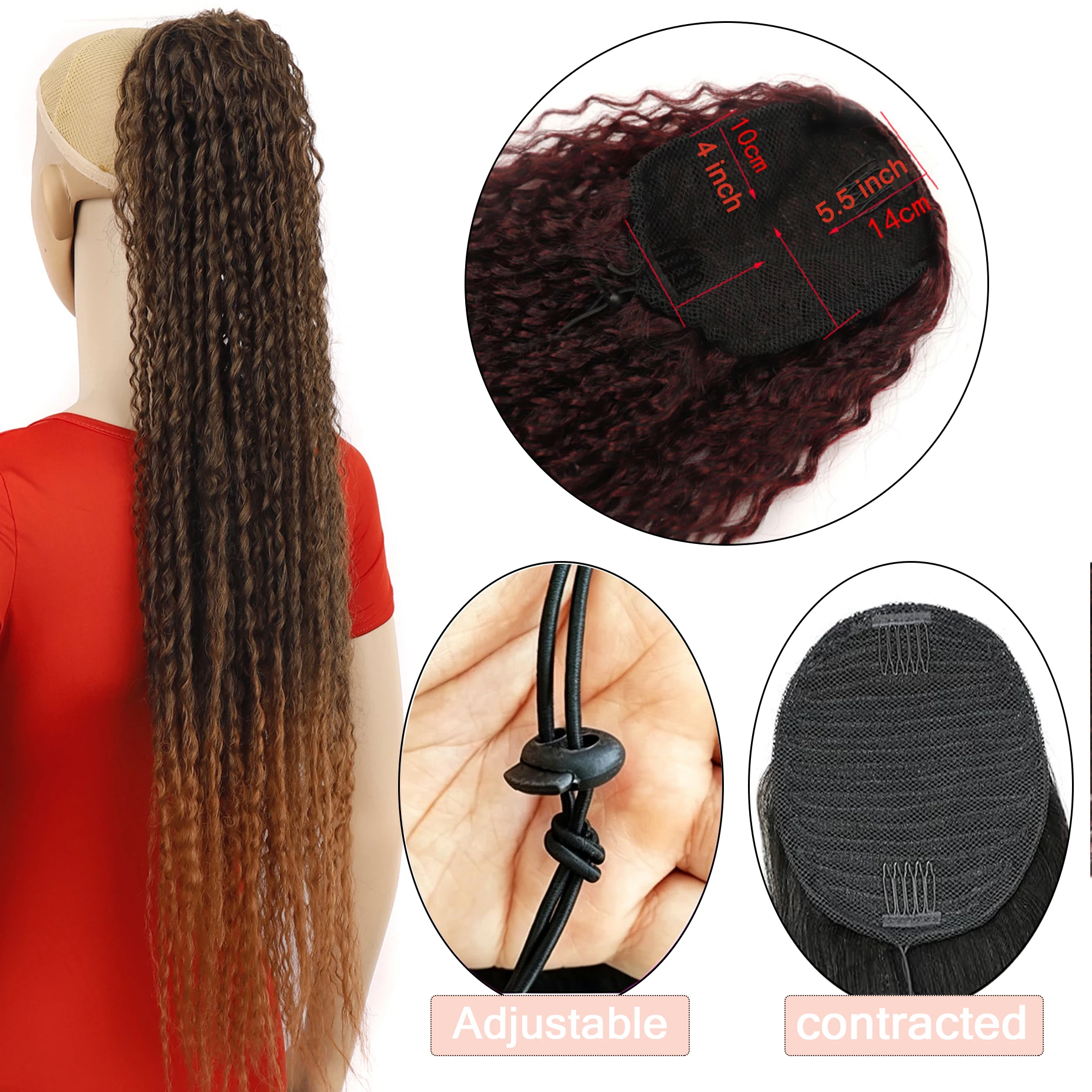 (32Inch) Synthetic Long Hair Drawstring Ponytail Extension Water Wave Corn Wave Ponytail Clip in Extensions for Women in Summer