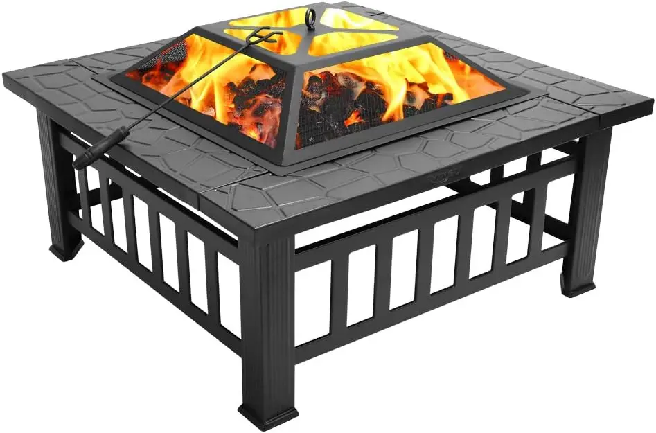 

Outdoor Backyard Patio Garden Square Stove Brazier with Charcoal Rack, Poker & Mesh Cover 32" L x 32" W x 17" H