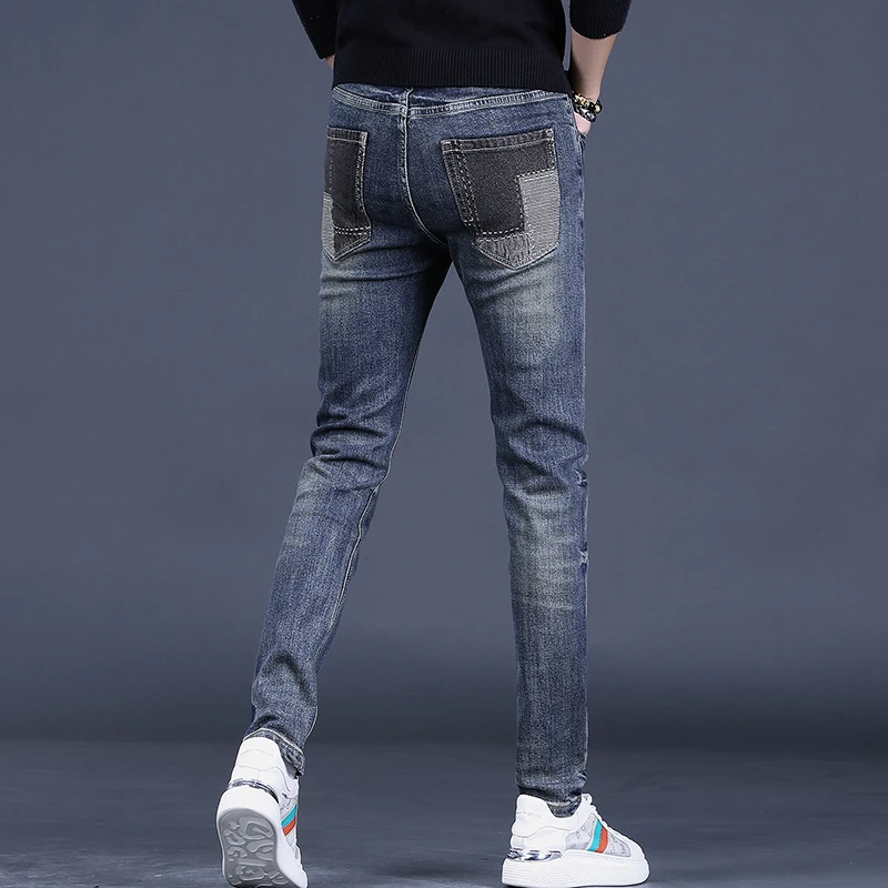 Fashion Ripped Patchwork Jeans Men Casual Blue Slim Fit Straight Pants Streetwear Striped Patch Denim Trousers
