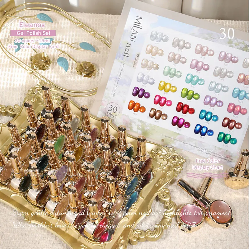 Eleanuos New 30-Color Gem Bottles Cat Eye Gel Set With Color Card Delicate Satin Glass Bead Crystal Cat Eye Nail Polish Gel 15ml
