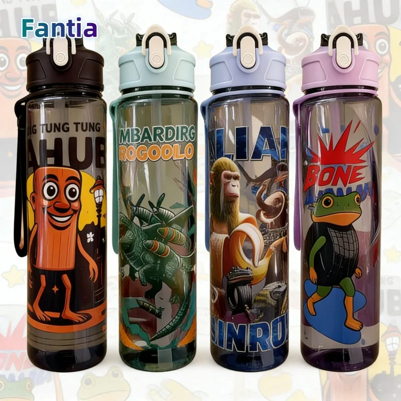 Italian Brainrot Water Bottle Tung Tung Sahur Water Bottle with Straw Outdoor Sports Water Cups Cartoon Drinking Kettle