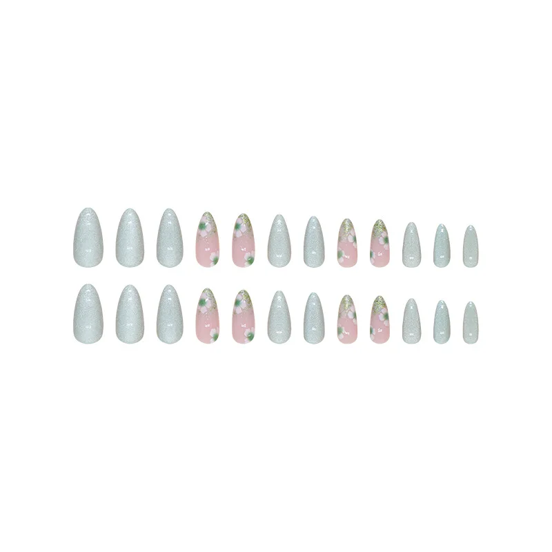 24szt Cat Eye Spring Flower Glitter Almonds Korean Nails Press on Kawaii Girls Cute Almond Adhesive Manicure Long Glued Nails