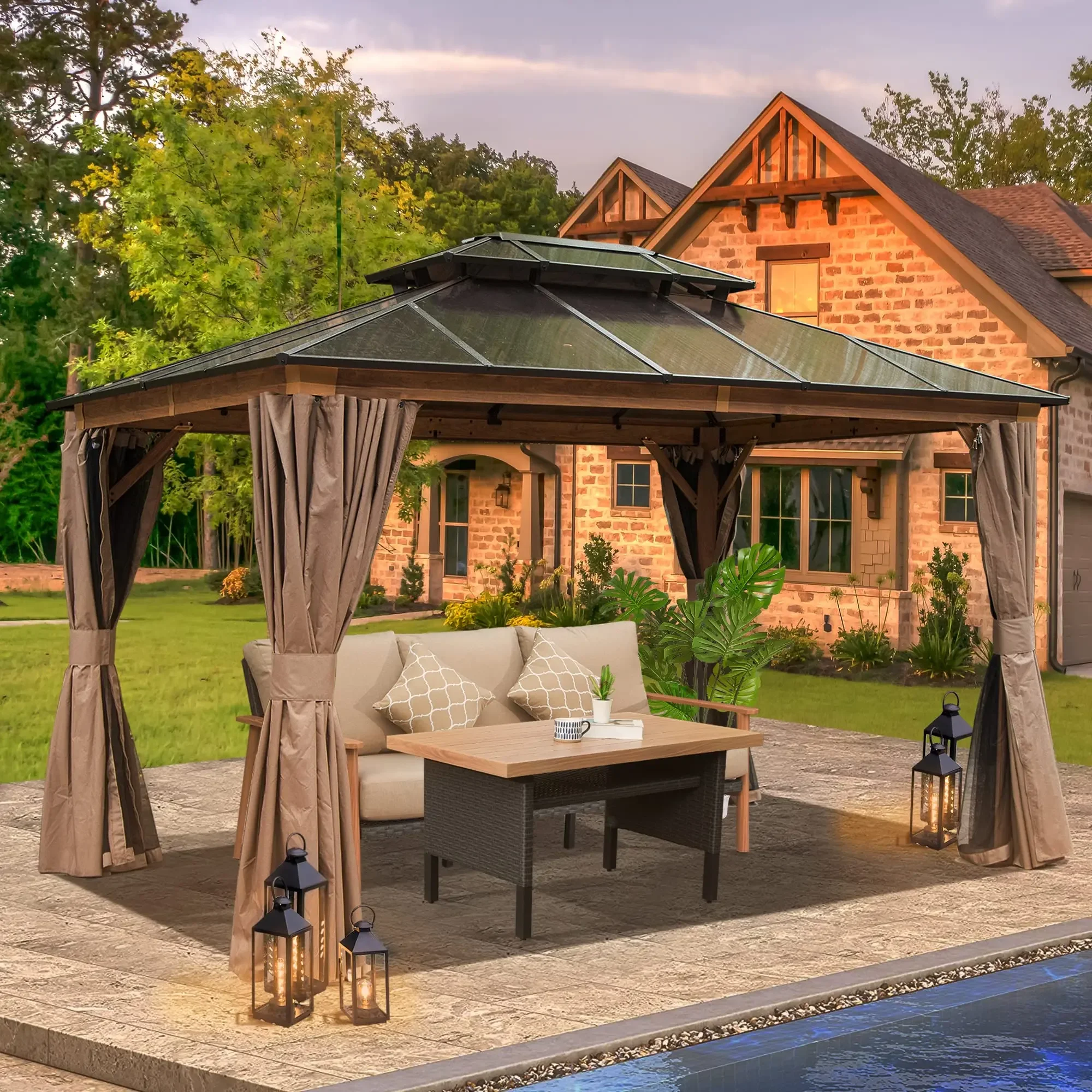 ！@Hardtop Gazebo Aluminum Frame Polycarbonate Double Roof Wooden Coated Patio Deck Lawn Canopy Outdoor Permanent Metal