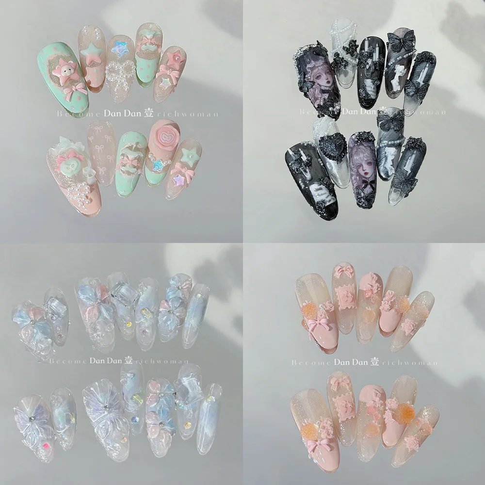 

Cute Cool Sweet Korean-Style Light Pink Stars Ellipse Nail Art 3D Bowknot Pearl Flower Press-On Nails Appointment Accessories