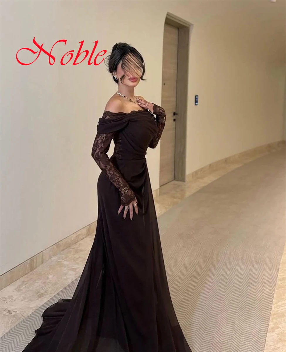 Customized High Quality audurn Chiffon Evening Dress Exquisite Boat Neck Off the Shoulder Lace Long Sleeves Cocktail Dress