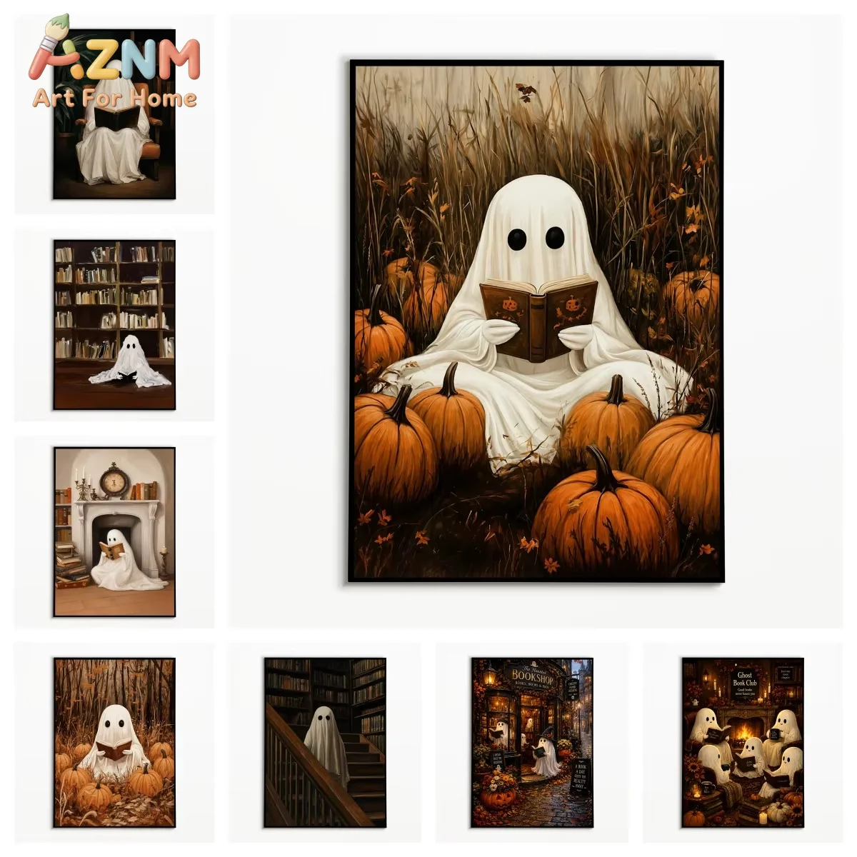1PC Retro Cute Ghost Reading Poster Halloween Pumpkin Wall Art Autumn Canvas Printing Festival Fall Room Wall Decor