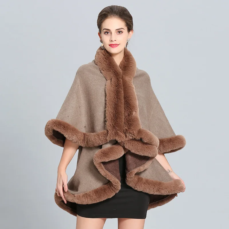 2022 European and American Autumn and Winter Faux Fox Fur Collar Double-Sided Double-Layer Shawl Cloak Jacket