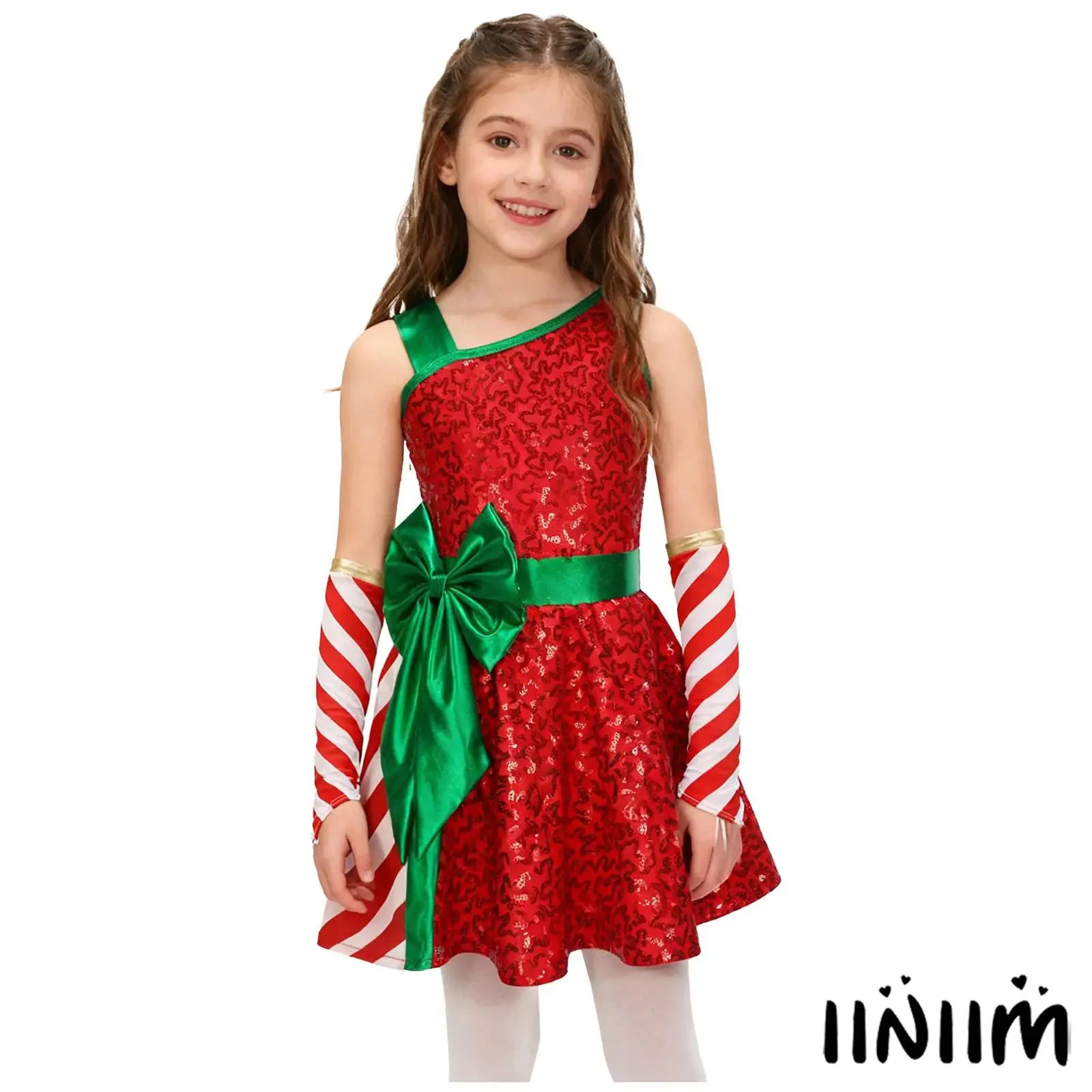 

Kids Girls Shiny Sequin Christmas Dress Up Jumpsuit Asymmetrical Shoulder Big Bow Stripe Xmas Dress with Stripe Oversleeves