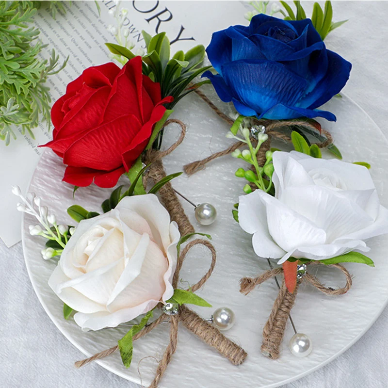 1pc Rose Boutonniere for Men Hemp Rope Pearl Groom Groomsmen Boutonniere for Wedding Ceremony Anniversary Formal Dinner Party