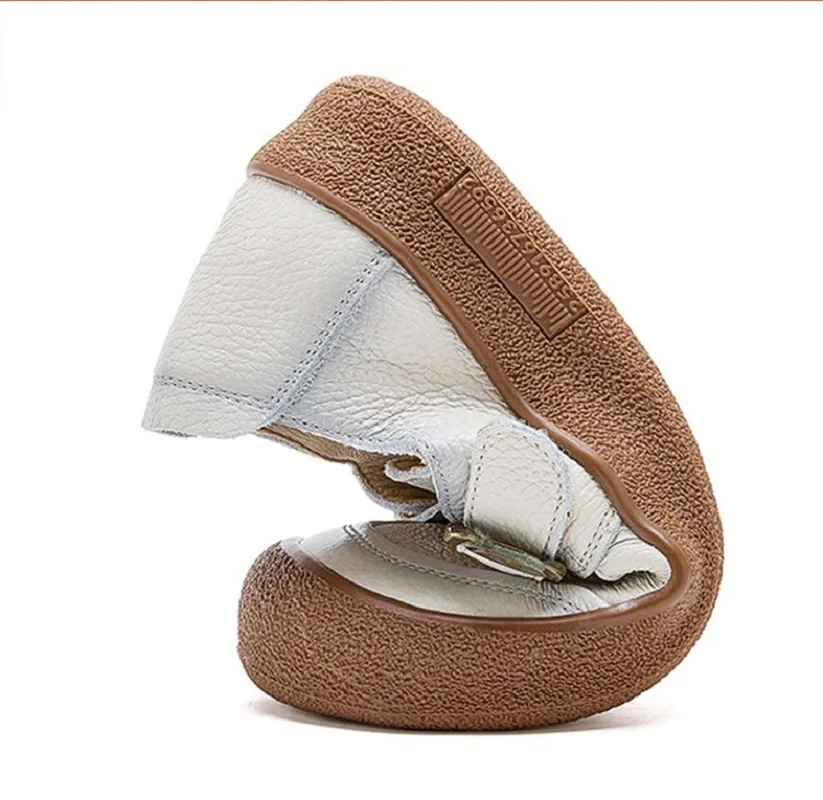 Original Natural Leather Shoes for Women Vintage Comfort Round Toe Buckl Flats Woman Slip On Orthopedic Loafers Ladies Moccasins