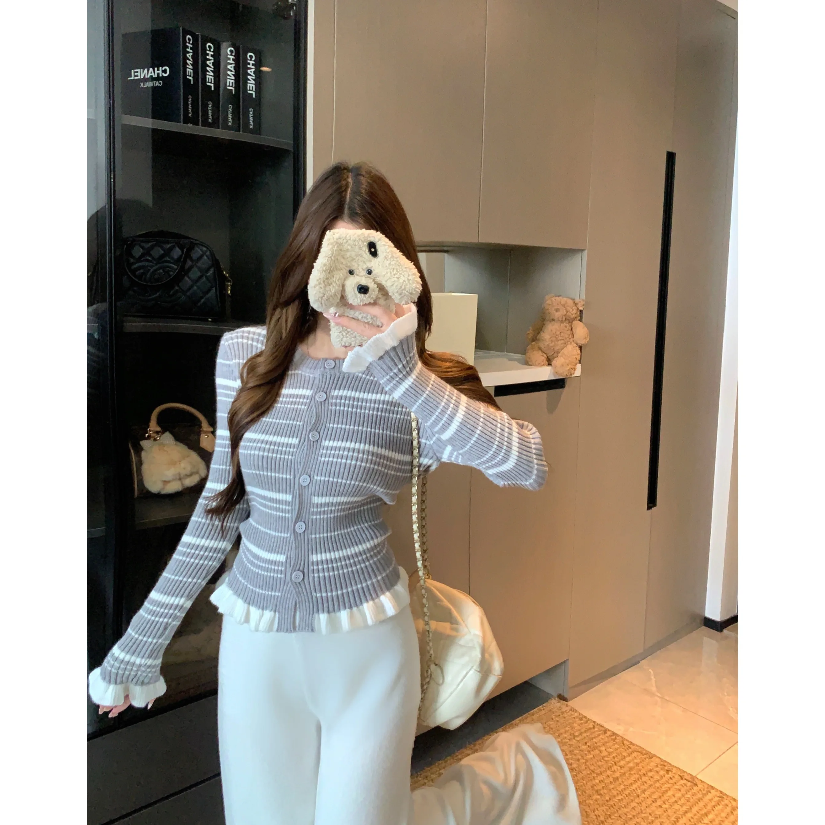 Koreanische Sle Splice Spitze runde Ne Lange Sve frauen Strickwaren Slim Fit Winter Neue Farbe Blo Gestreiften Schlankheits Top