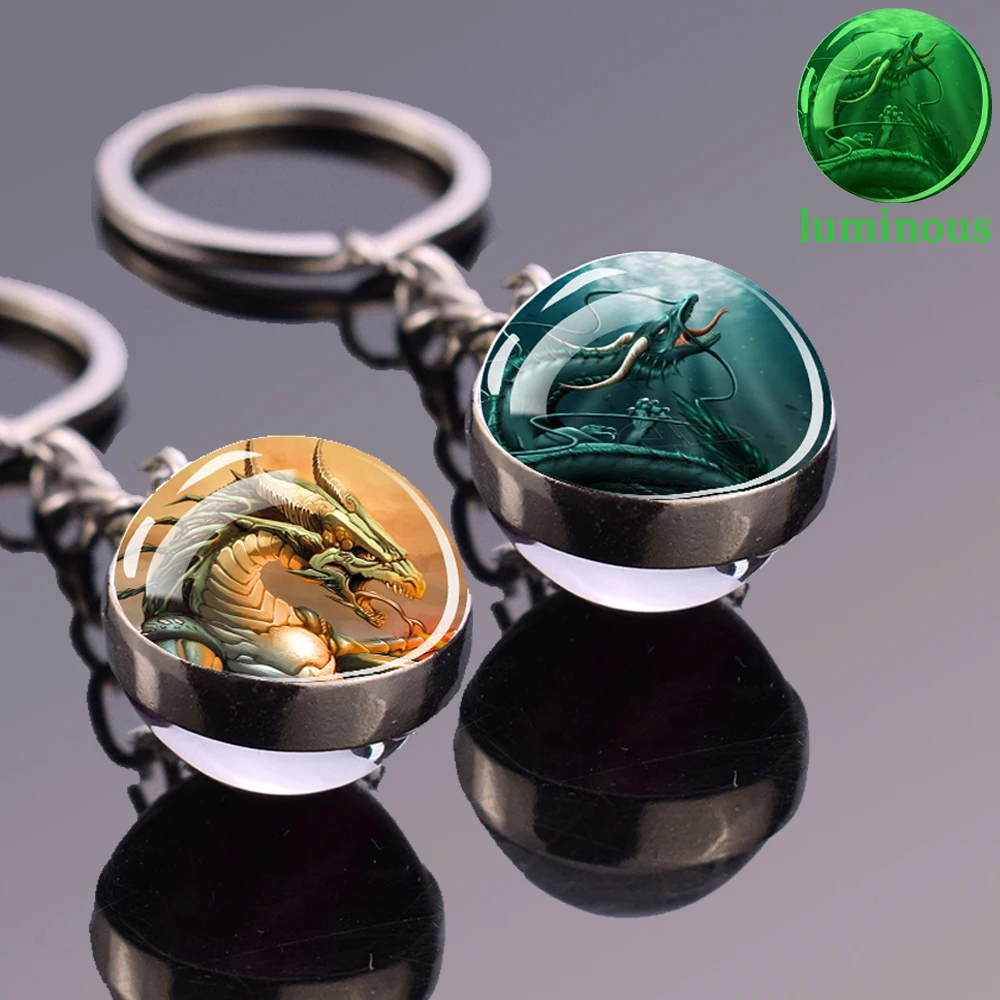 2024 New Dragon Keychains Luminous Glass Ball Two-Side Pendant Key Chain Glow in The Dark Starry Sky Dragon Evil Dragon Keyring