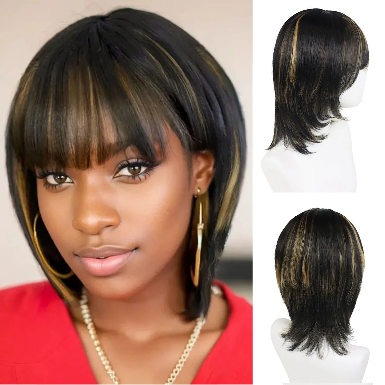 

Коричневый смешанный блондинка Боб парик Синтетические многослойные волосы Короткие прямые парики с челкой для женщин Термостойкие повседневные косплей