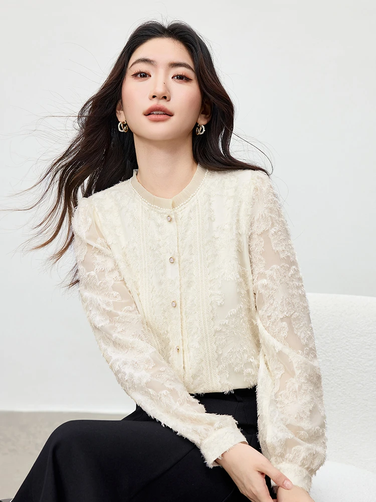 

SENTUBILA Women's Elegant Fringe Trim Blouse 2025 Winter Thermal Lined Shirt Fabric Loose Fit Office Casual Chic Top 154CA3545