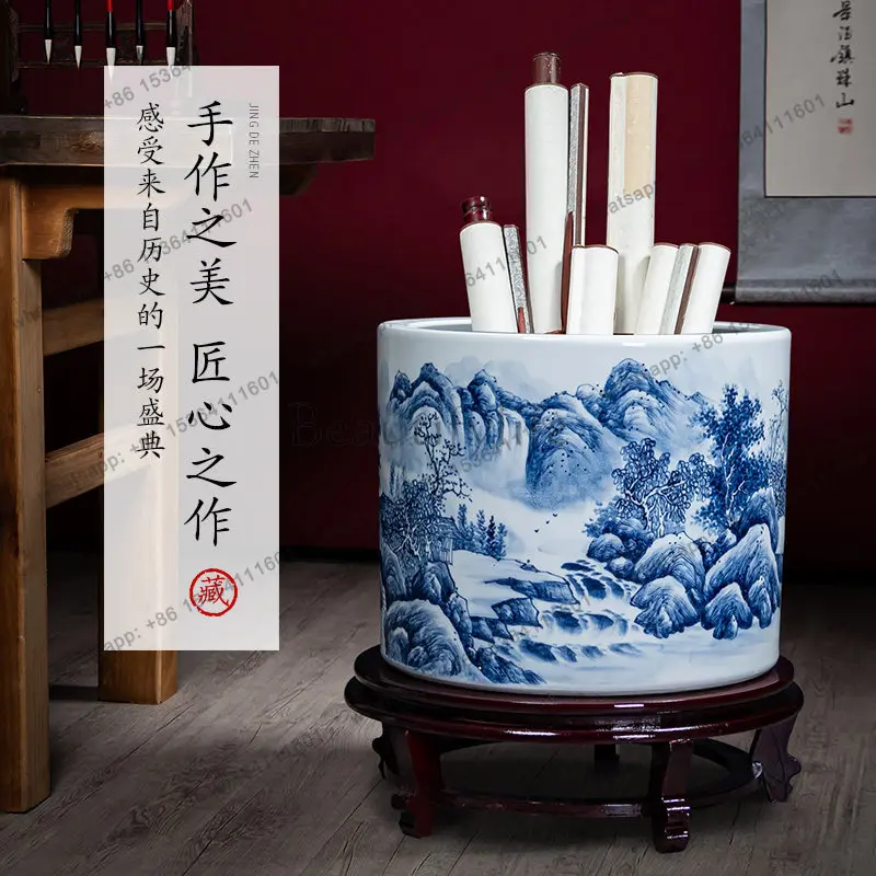 HOT Jingdezhen ceramics blue and white porcelain painting and calligraphy tank hand-painted vase storage bucket ornament