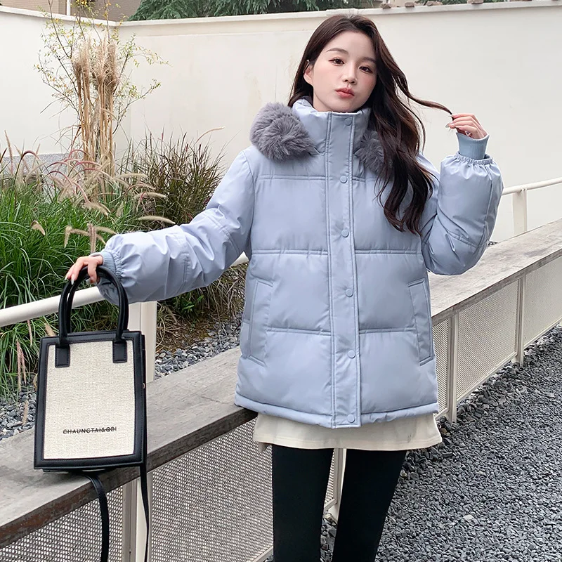 2023 New Winter Women Large Fur Collar Hooded Solid Down Cotton Coat Winter Loose Women Short Clothes Jacket Parkas Outwear