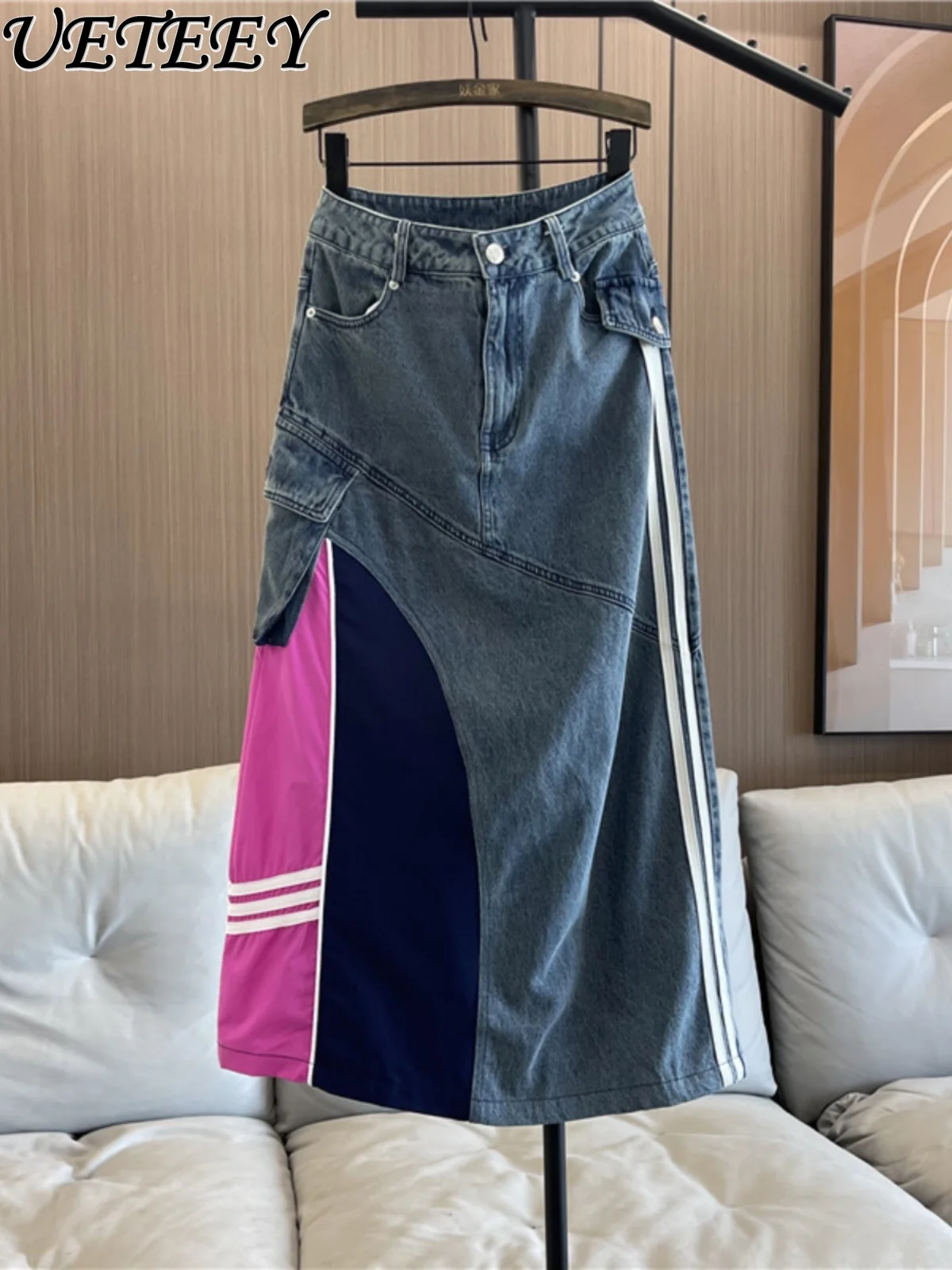 

Original Design Sense Color Matching Long Skirt Women Autumn New High Waist Splicing A-line Loose Casual Mid-length Denim Skirt