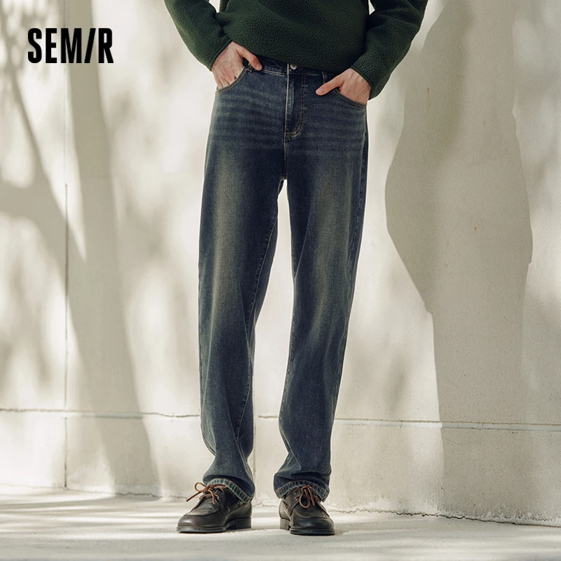 Semir Senrou الدينيم الجينز الرجال ويسكي الرجعية المتعثرة مستقيم الساق 2025 شتاء جديد السراويل الطويلة ملابس رجالية مرنة