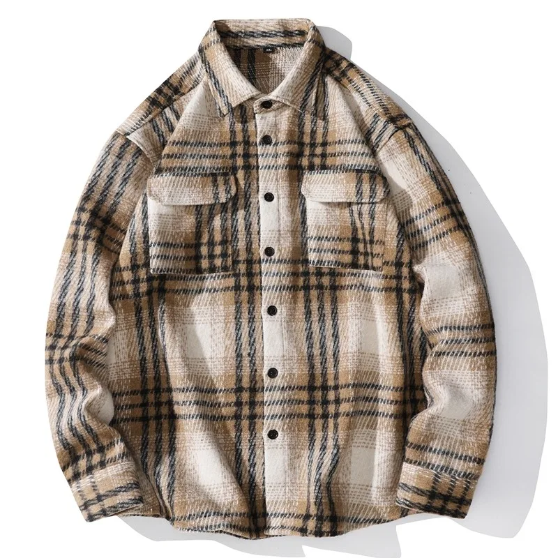 

Men's Beige Plaid Woolen Shirt Jacket Long Sleeve Button Down Casual Streetwear Top