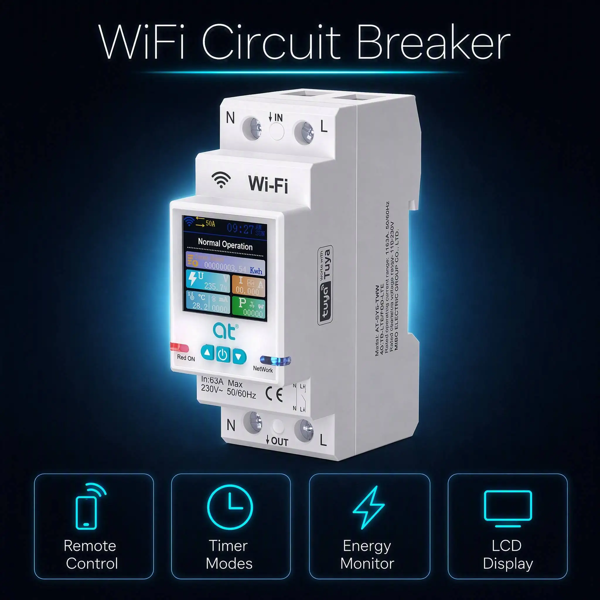 Tuya WiFi intelligent circuit breaker timer LCD display remote control switch power statistics 1P 63A overvoltage protection